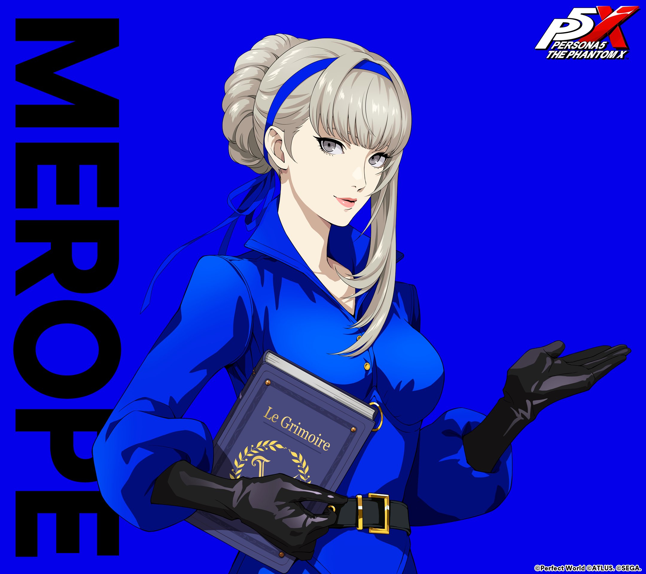 merope (p5x), persona, persona 5, persona 5: the phantom x, artist request, commentary request, highres, official art, second-party source, 1girl, belt, belt buckle, black belt, black gloves, blue dress, blue hairband, blue ribbon, book, breasts, buckle, character name, closed mouth, dress, gloves, grey hair, hair ribbon, hairband, holding, holding book, lips, looking at viewer, medium breasts, pink lips, ribbon, simple background, smile, solo