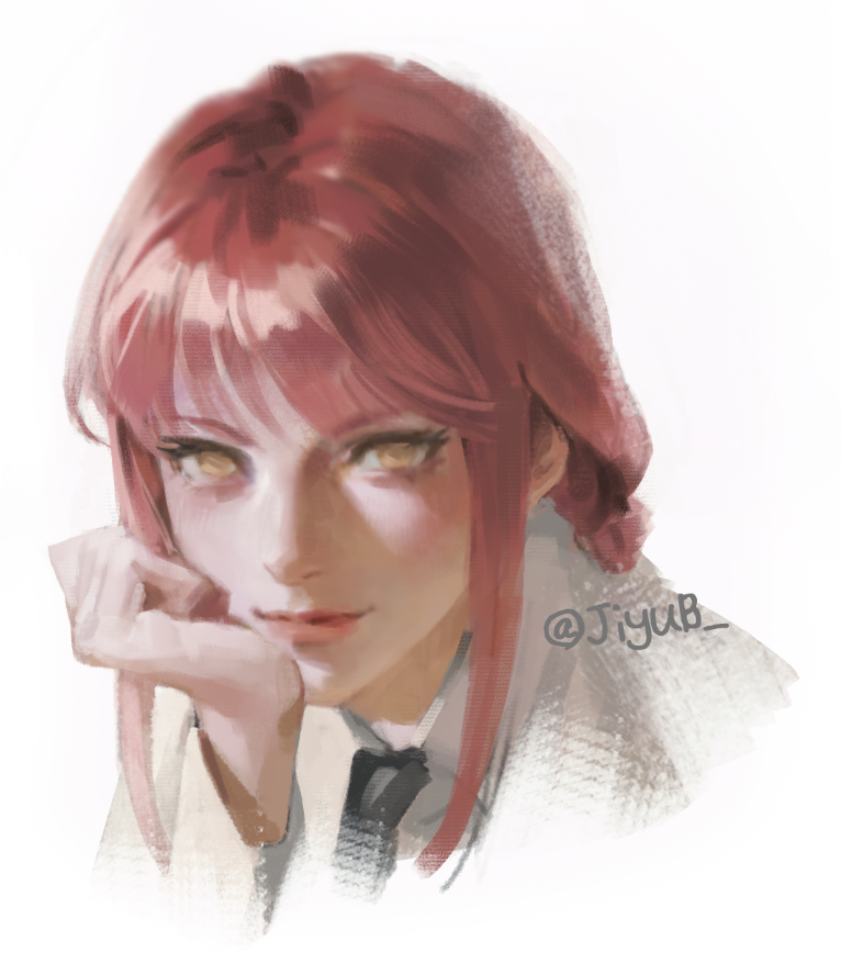 jiyub, makima (chainsaw man), chainsaw man, 1girl, black necktie, closed mouth, hand on own face, looking at viewer, necktie, red hair, shirt, sidelocks, simple background, solo, twitter username, upper body, white background, white shirt, yellow eyes