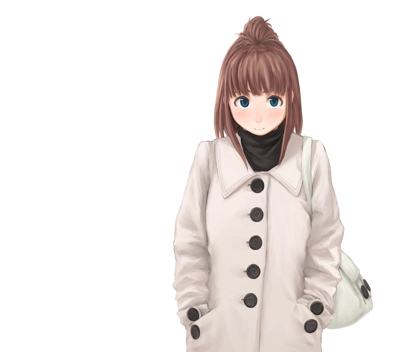 tamaru tokihiko, original, 1girl, bag, blunt bangs, coat, female focus, green eyes, handbag, long sleeves, pom pom (clothes), ponytail, sidelocks, simple background, solo, white background, winter clothes, winter coat
