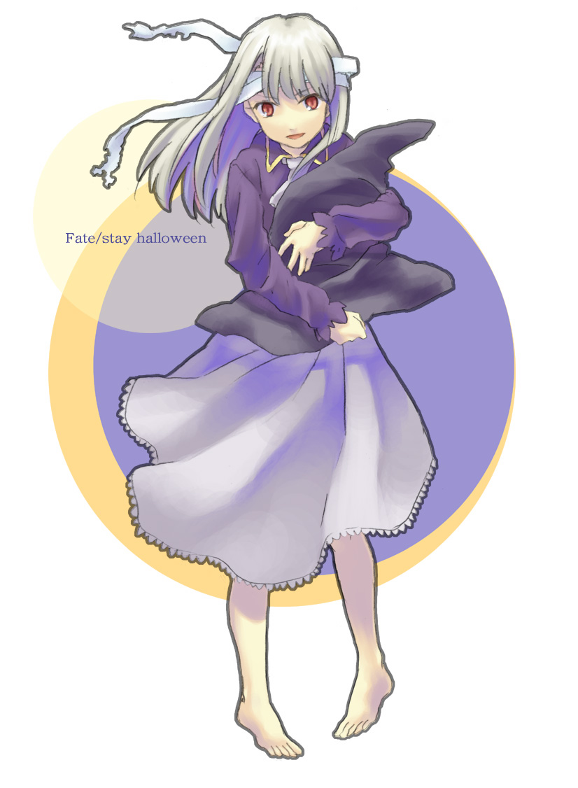yone f15, illyasviel von einzbern, fate/stay night, fate (series), bad id, bad pixiv id, 00s, 1girl, bandages, barefoot, copyright name, feet, female focus, halloween, hat, pigeon-toed, red eyes, solo, white hair, witch hat
