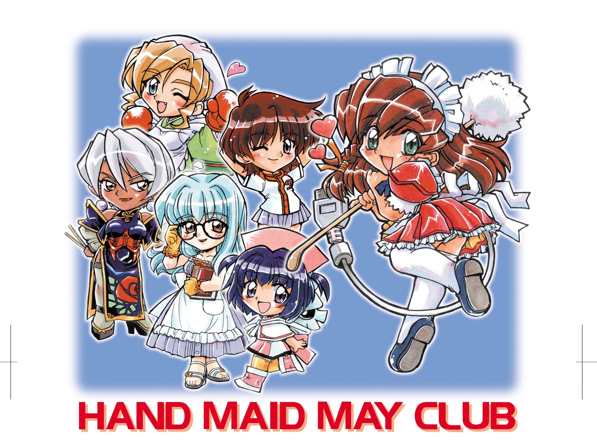 kokomahi, cyberdoll kei, cyberdoll mami, cyberdoll may, cyberdoll rena, cyberdoll sara, ikariya, tani kasumi, hand maid may, commentary, highres, 6+girls, adjusting eyewear, apron, arm behind back, arms behind head, baseball jersey, black dress, black eyes, black hair, black shoes, blonde hair, blue eyes, blue hair, blue shoes, blue skirt, book, boots, boxing gloves, brown eyes, brown hair, cable, capelet, chibi, chibi only, china dress, chinese clothes, chopsticks, closed mouth, copyright name, cotton swab, dark-skinned female, dark skin, detached sleeves, dress, earrings, fangs, floral print, floral print dress, frilled apron, frilled dress, frilled gloves, frills, glasses, gloves, green eyes, green kimono, grey sleeves, grey thighhighs, hair between eyes, hand up, hat, headscarf, heart, high heels, holding, holding book, holding chopsticks, holding cotton swab, japanese clothes, jersey, jewelry, kimono, layered sleeves, long hair, looking at viewer, looking back, maid, maid headdress, multiple girls, nurse cap, one eye closed, open mouth, outline, pelvic curtain, pink boots, pink dress, pink eyes, pleated skirt, pointy ears, print dress, purple dress, shoes, short dress, short hair, skirt, smile, squid, striped clothes, striped dress, thighhighs, tomboy, two side up, usb, vertical-striped clothes, vertical-striped dress, waist apron, white apron, white capelet, white hair, white headscarf, white outline, white thighhighs, yellow eyes, yellow thighhighs