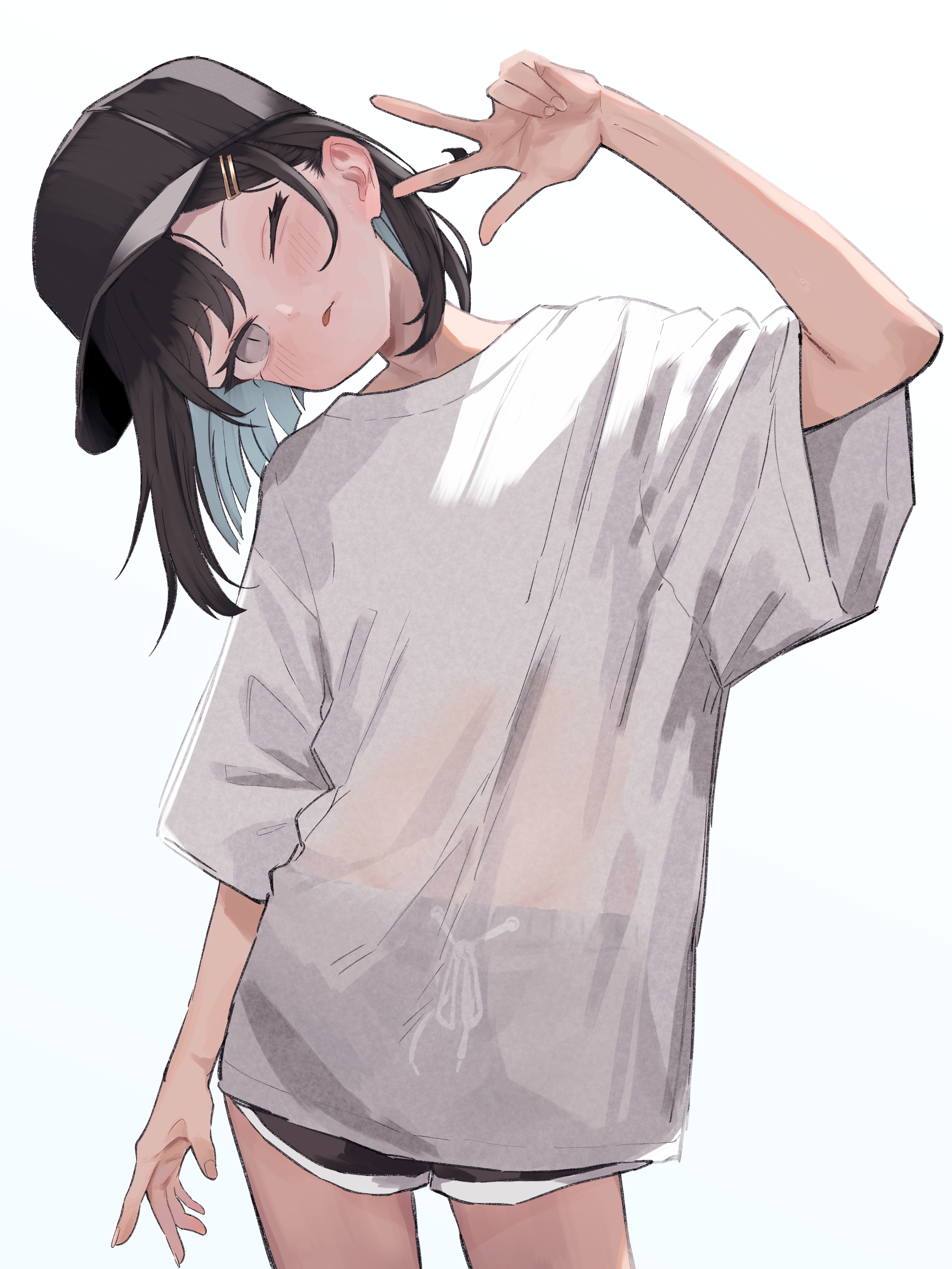 tohu sand, original, absurdres, highres, 1girl, baseball cap, black hair, black hat, black pants, grey eyes, hair ornament, hairpin, hat, light blush, looking at viewer, multicolored hair, multiple hairpins, one eye closed, pants, shirt, solo, sweat, sweatdrop, t-shirt, tongue, two-tone hair, w, white shirt