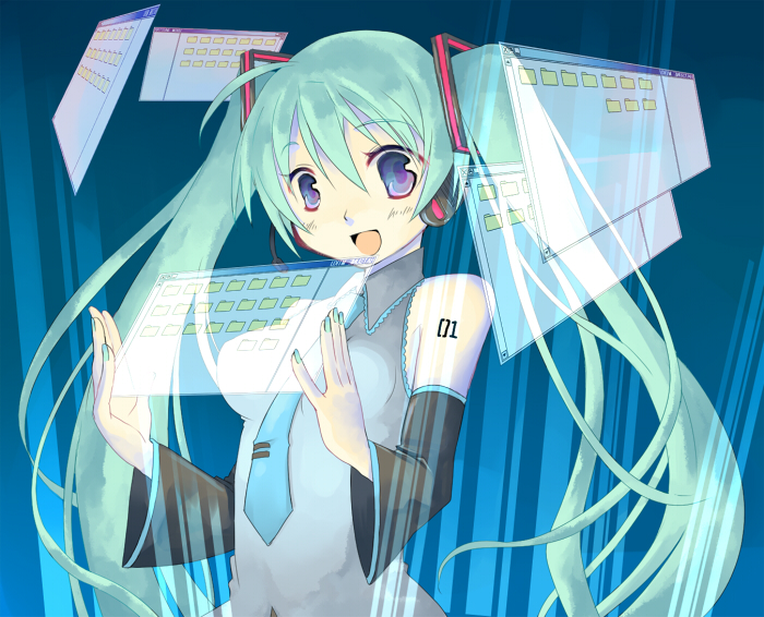 toriumi itachi, hatsune miku, vocaloid, aqua hair, blue eyes, detached sleeves, long hair, momoyama no zomu, nail polish, necktie, solo, twintails