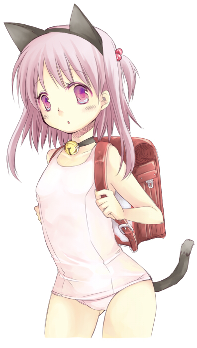 toriumi itachi, nanako, nanako (to heart 2), to heart (series), to heart 2, to heart 2 ad, 00s, 1girl, animal ears, backpack, bag, cat ears, cat tail, female focus, loli, momoyama no zomu, one-piece swimsuit, pink hair, purple hair, randoseru, school swimsuit, solo, swimsuit, tail, two side up, white one-piece swimsuit, white school swimsuit