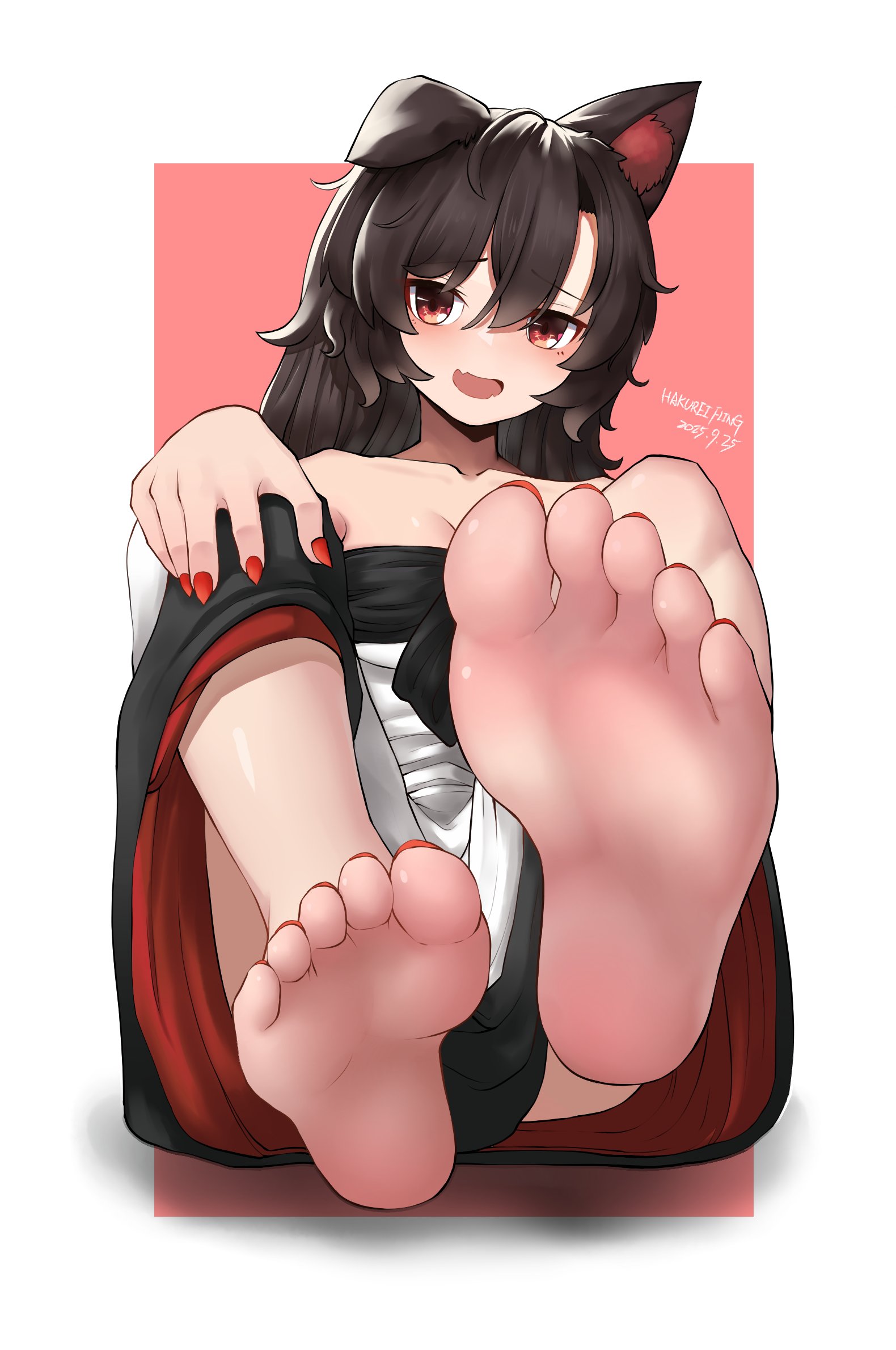 hakurei fling, imaizumi kagerou, touhou, highres, 1girl, :d, animal ears, artist name, barefoot, breasts, brown hair, cleavage, dated, dress, fang, feet, fingernails, foot focus, full body, medium breasts, multicolored hair, nail polish, off shoulder, open mouth, pink background, red eyes, red nails, sharp fingernails, skin fang, smile, soles, solo, toenail polish, toenails, two-tone hair, white background, white dress, wolf ears, wolf girl