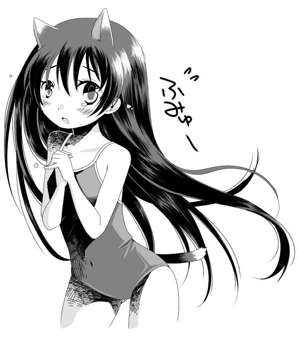 toriumi itachi, animal ears, cat ears, cat tail, greyscale, momoyama no zomu, monochrome, one-piece swimsuit, school swimsuit, solo, swimsuit, tail