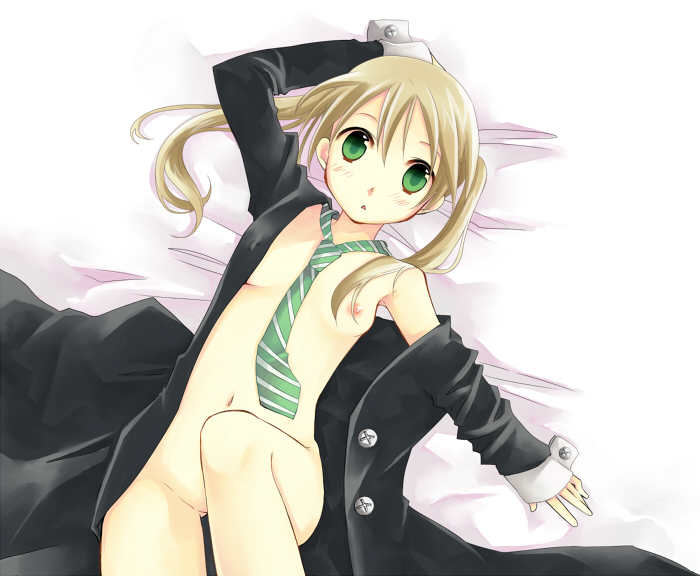 toriumi itachi, maka albarn, soul eater, 00s, 1girl, bed sheet, blonde hair, blush, breasts, collarbone, female focus, formal clothes, from above, green eyes, green necktie, jacket, long sleeves, naked robe, necktie, nipples, open clothes, open jacket, open robe, robe, small breasts, solo, suit, twintails