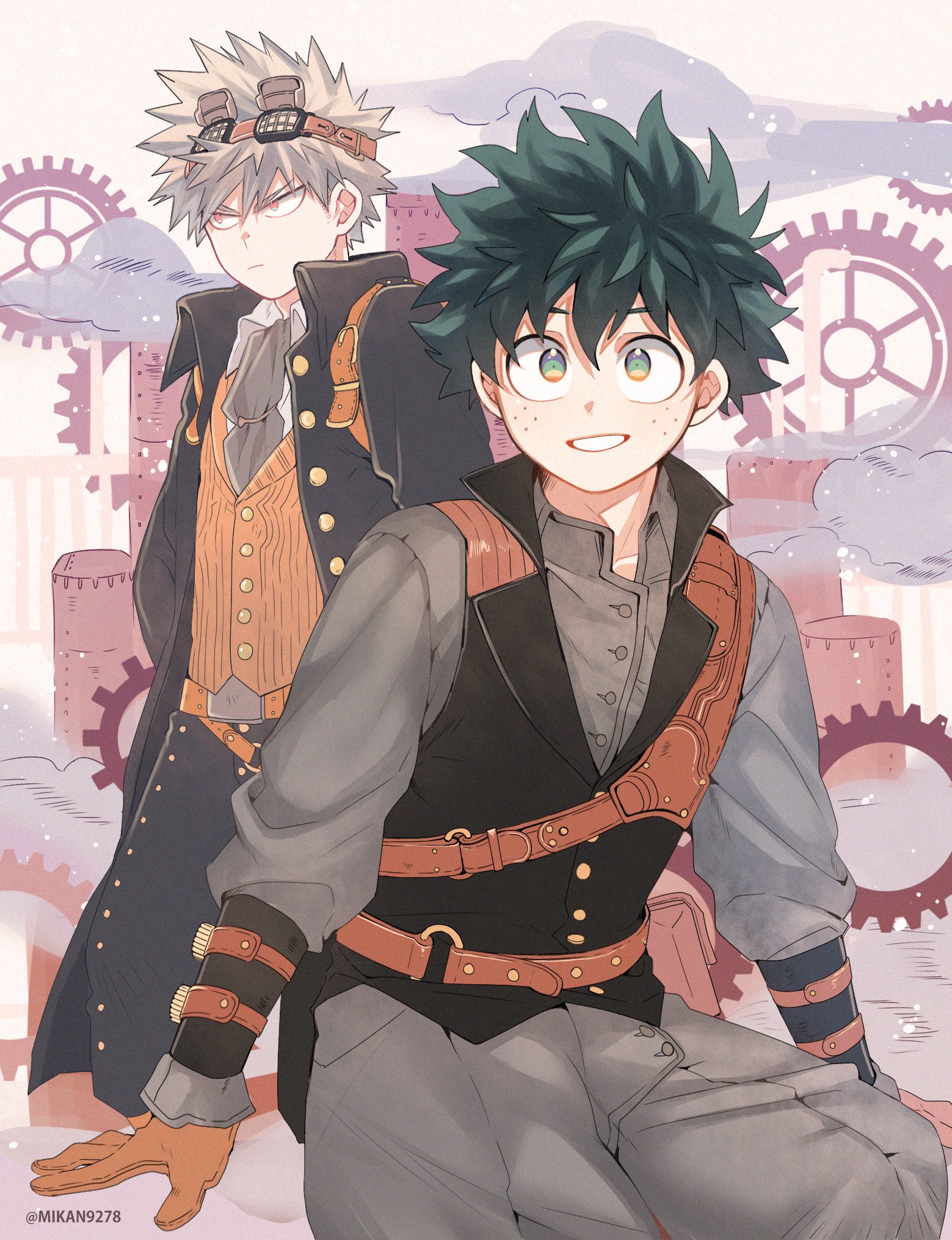 mikan (artist), bakugou katsuki, midoriya izuku, boku no hero academia, highres, 2boys, ascot, black jacket, black pants, black vest, blonde hair, brown gloves, brown vest, collared shirt, cowboy shot, freckles, frown, furrowed brow, gears, gloves, goggles, goggles on head, gold buttons, green eyes, green hair, grey ascot, grey jacket, grey pants, hair between eyes, jacket, male focus, multiple boys, pants, parted lips, red eyes, shirt, short hair, smile, spiked hair, steampunk, twitter username, upper body, vest, white shirt