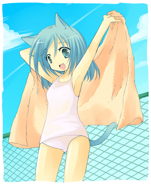 toriumi itachi, 1girl, animal ears, cat ears, cat tail, cloud, day, female focus, flat chest, momoyama no zomu, one-piece swimsuit, outdoors, school swimsuit, sky, solo, swimsuit, tail, towel, white one-piece swimsuit, white school swimsuit
