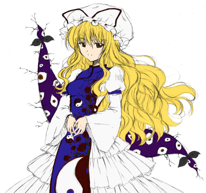 rasupo, rasupu, yakumo yukari, touhou, bad id, bad pixiv id, 1girl, blonde hair, brown eyes, dress, female focus, floral print, frilled dress, frills, gap (touhou), hat, long hair, solo, yin yang