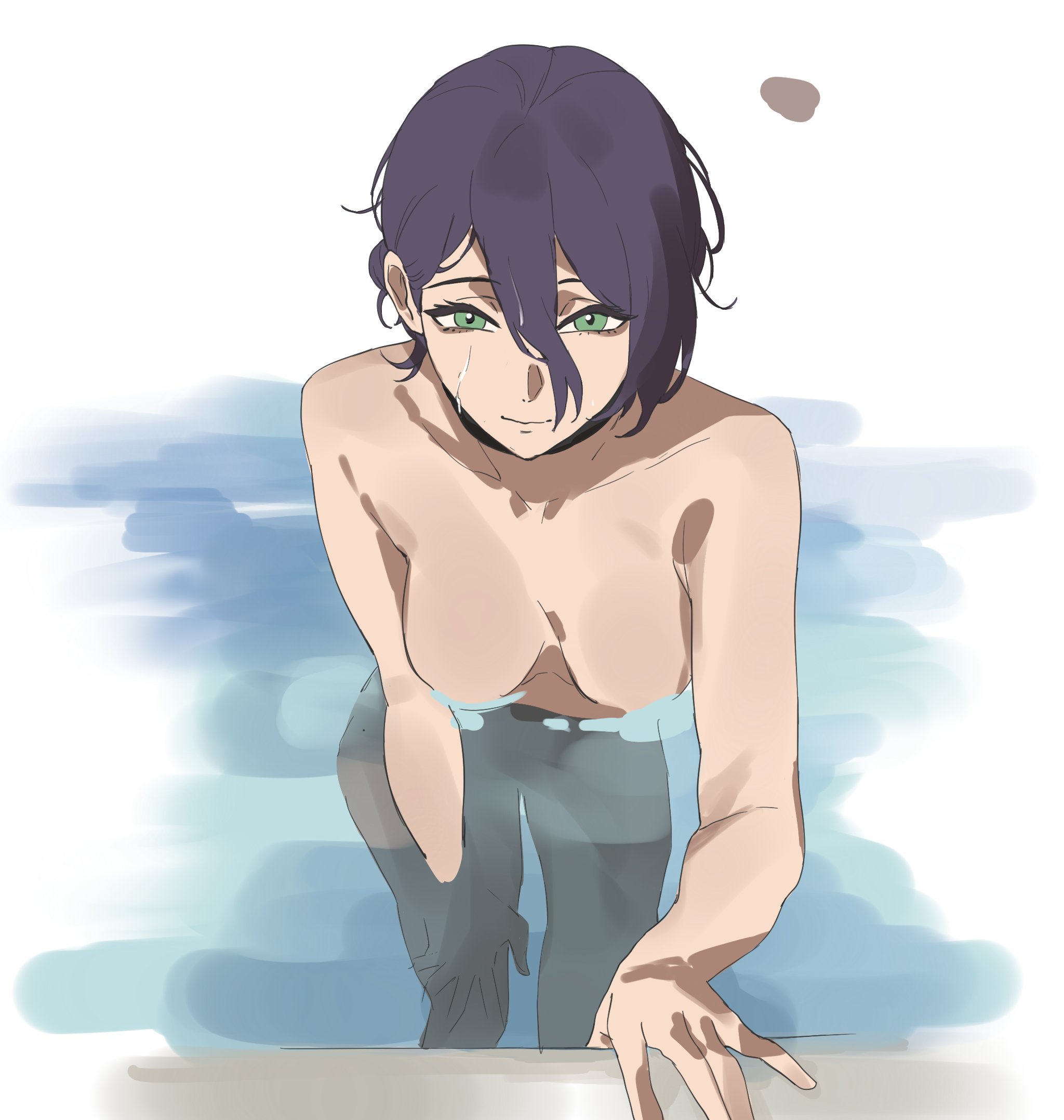 taiyang yu, reze (chainsaw man), chainsaw man, highres, unfinished, 1girl, black choker, breasts, choker, closed mouth, green eyes, hair between eyes, looking at viewer, medium breasts, nude, partially submerged, pool, purple hair, solo, water, wet, wet hair