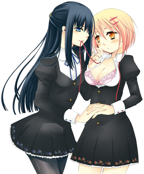 toriumi itachi, 2girls, black hair, blonde hair, blue eyes, bra, holding hands, lingerie, long hair, momoyama no zomu, mouth hold, multiple girls, open clothes, open shirt, orange eyes, pantyhose, shirt, short hair, underwear