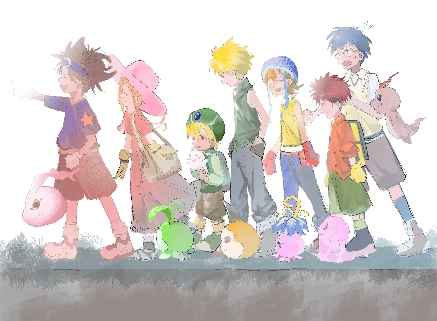 ishida yamato, izumi koshiro, kido jo, koromon, mochimon, pukamon, pyocomon, tachikawa mimi, takaishi takeru, takenouchi sora, tanemon, tokomon, tunomon, yagami hikari, yagami taichi, digimon, 3girls, 5boys, digimon (creature), glasses, hana (pixiv 101684808), leaf, multiple boys, multiple girls