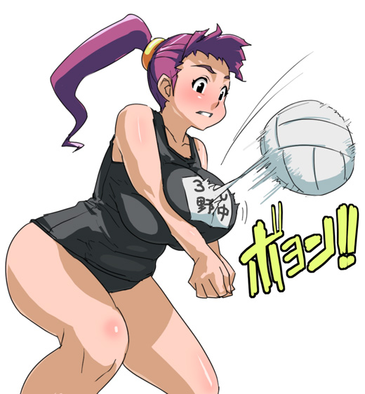 usatarou, !, !!, 1girl, action, ball, black one-piece swimsuit, blush, breasts, female focus, huge breasts, long hair, motion blur, one-piece swimsuit, plump, ponytail, purple hair, school swimsuit, solo, swimsuit, volleyball, volleyball (object)