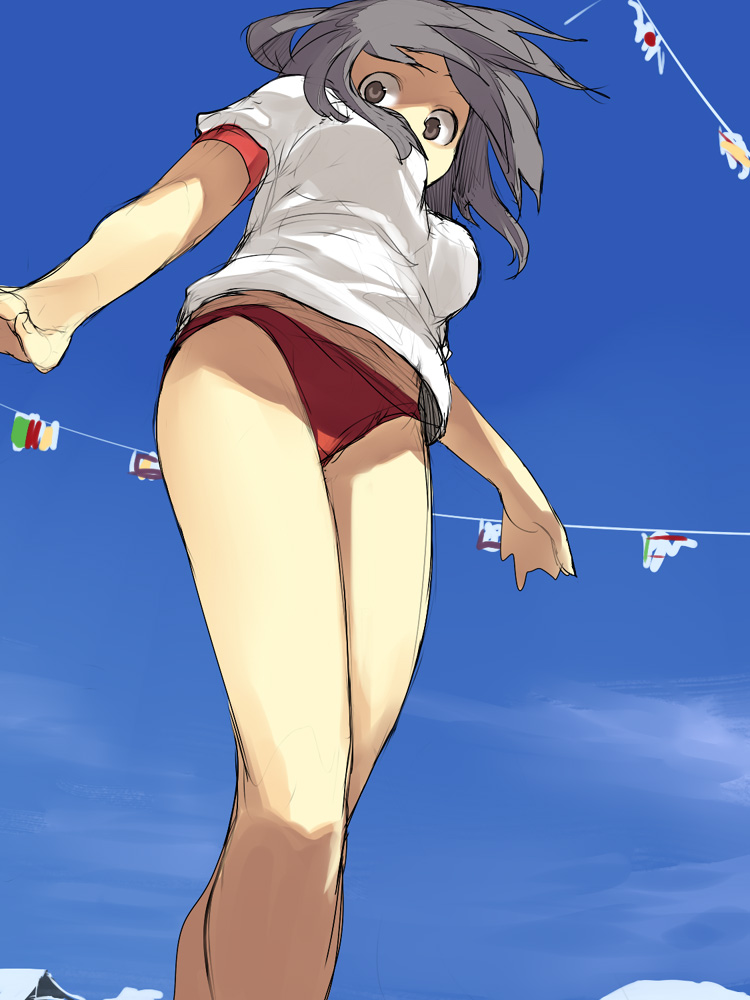 hama (22ji kara 24ji), original, silver hair, 1girl, black hair, breasts, buruma, day, female focus, flag, from below, grey eyes, gym uniform, large breasts, sketch, sky, solo