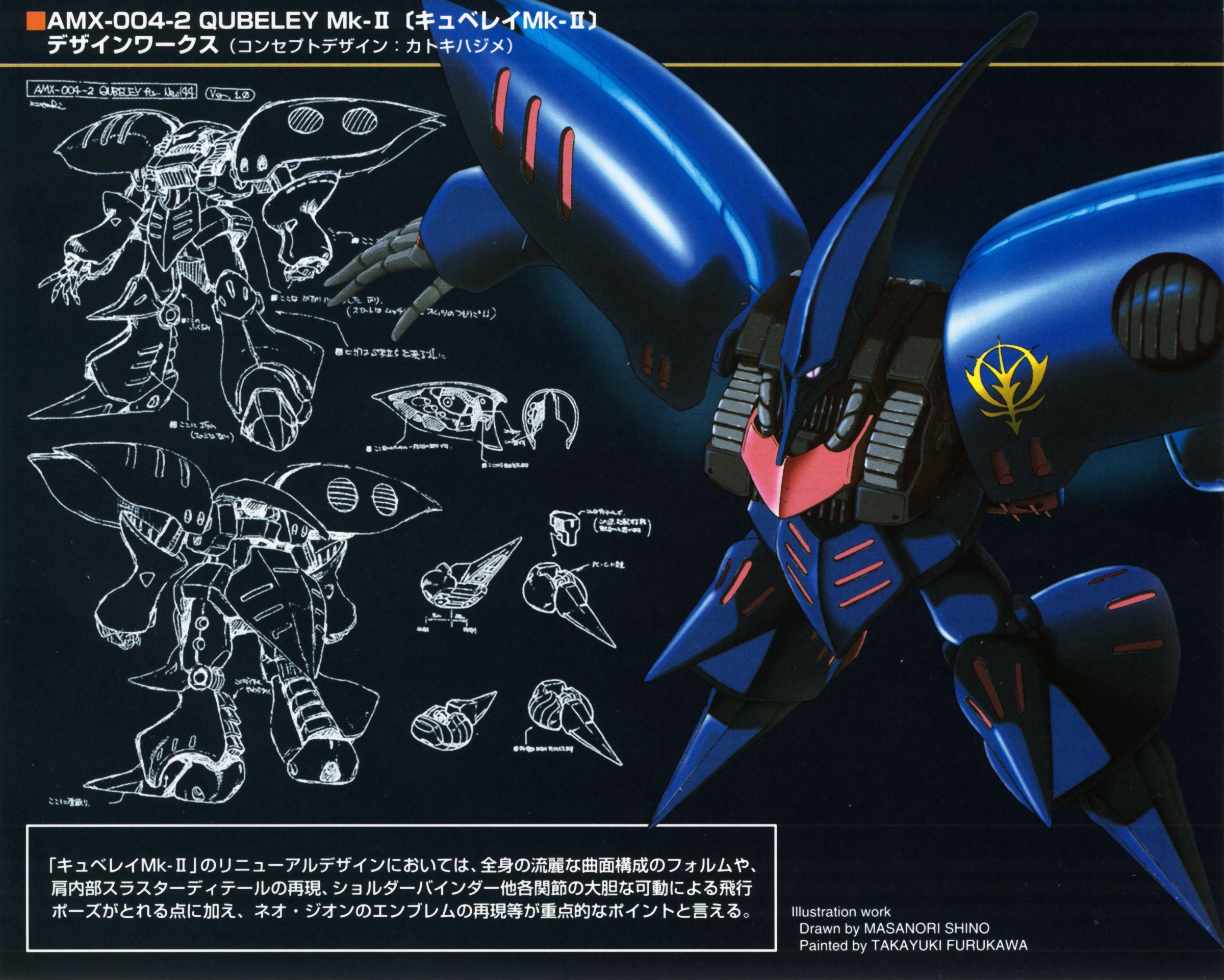 shino masanori, qubeley mk ii, gundam, gundam zz, artist collaboration, highres, translation request, character name, comparison, furukawa takayuki (artist), lineart, machinery, mecha, mecha focus, mobile suit, multiple views, neo zeon, no humans, one-eyed, robot, roundel, science fiction