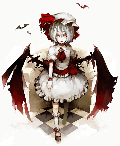 riku (artist), riku (wana), remilia scarlet, touhou, silver hair, 1girl, animal, ascot, bat (animal), bat wings, brooch, checkered floor, faux figurine, female focus, gem, jewelry, looking at viewer, puffy short sleeves, puffy sleeves, short sleeves, simple background, solo, white background, wings