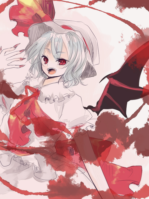shiina aya, remilia scarlet, touhou, 1girl, bat wings, blood, blue hair, bow, fangs, female focus, hat, hat ribbon, mob cap, puffy short sleeves, puffy sleeves, red eyes, ribbon, short hair, short sleeves, smile, solo, wings