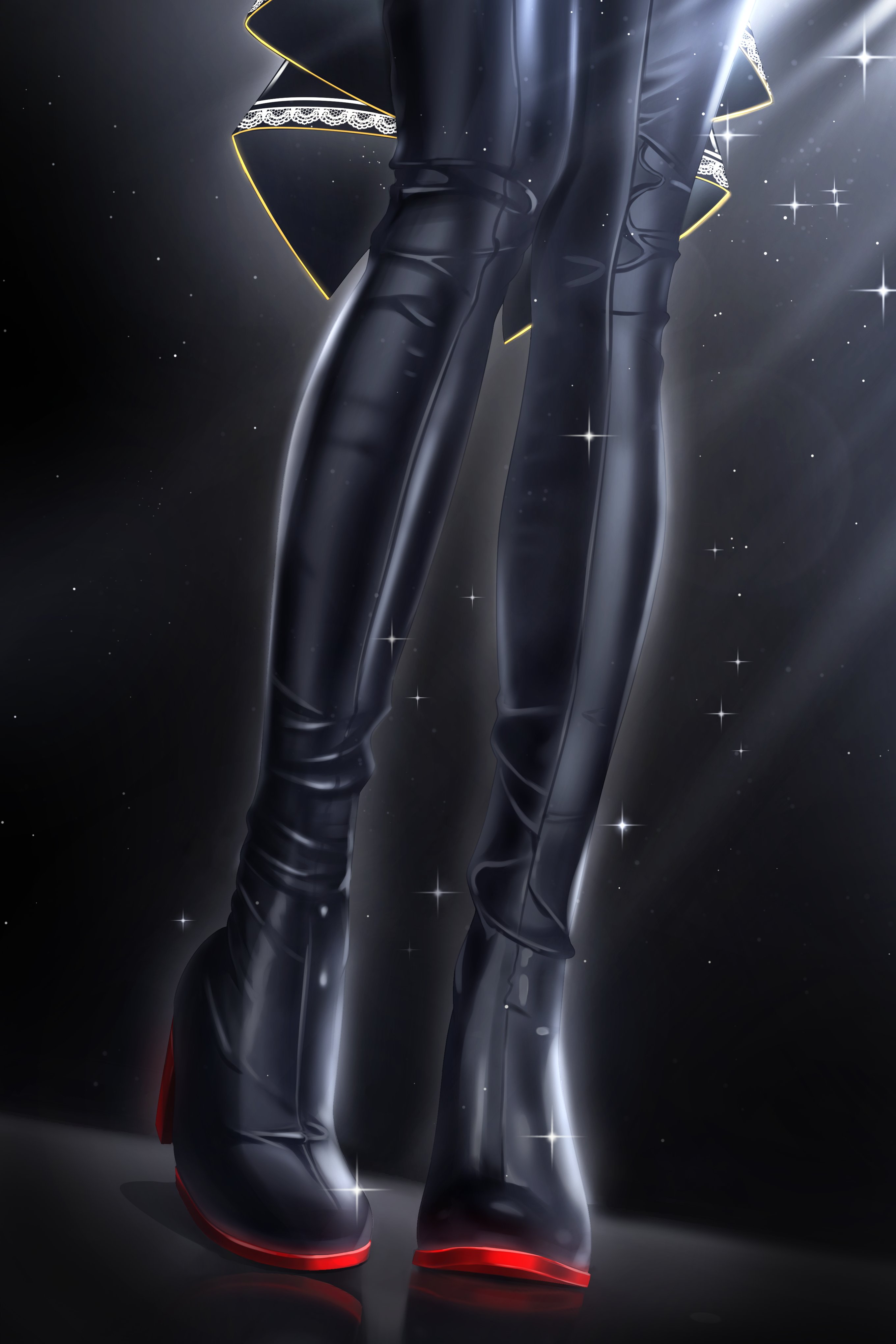 luke s (artist), ookami mio, ookami mio (wonderland), hololive, absurdres, highres, 1girl, black boots, boots, footwear focus, high heel boots, high heels, lower body, reflective floor, solo, sparkle, standing, thigh boots, virtual youtuber