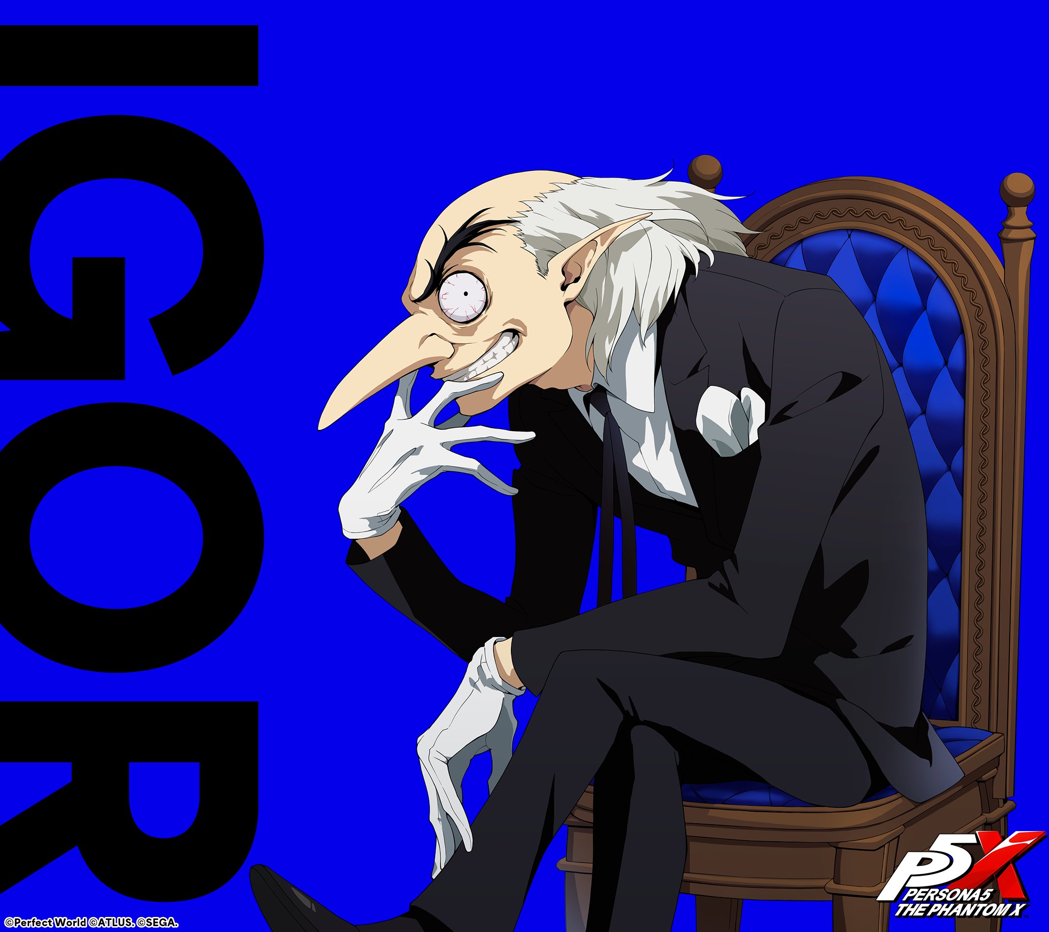 igor (persona), persona, persona 5, persona 5: the phantom x, artist request, commentary request, highres, official art, second-party source, balding, black pants, black ribbon, blue background, character name, copyright name, crossed legs, formal clothes, gloves, looking at viewer, neck ribbon, old, old man, pants, pointy ears, pointy nose, profile, ribbon, simple background, sitting, smile, suit, teeth, white gloves