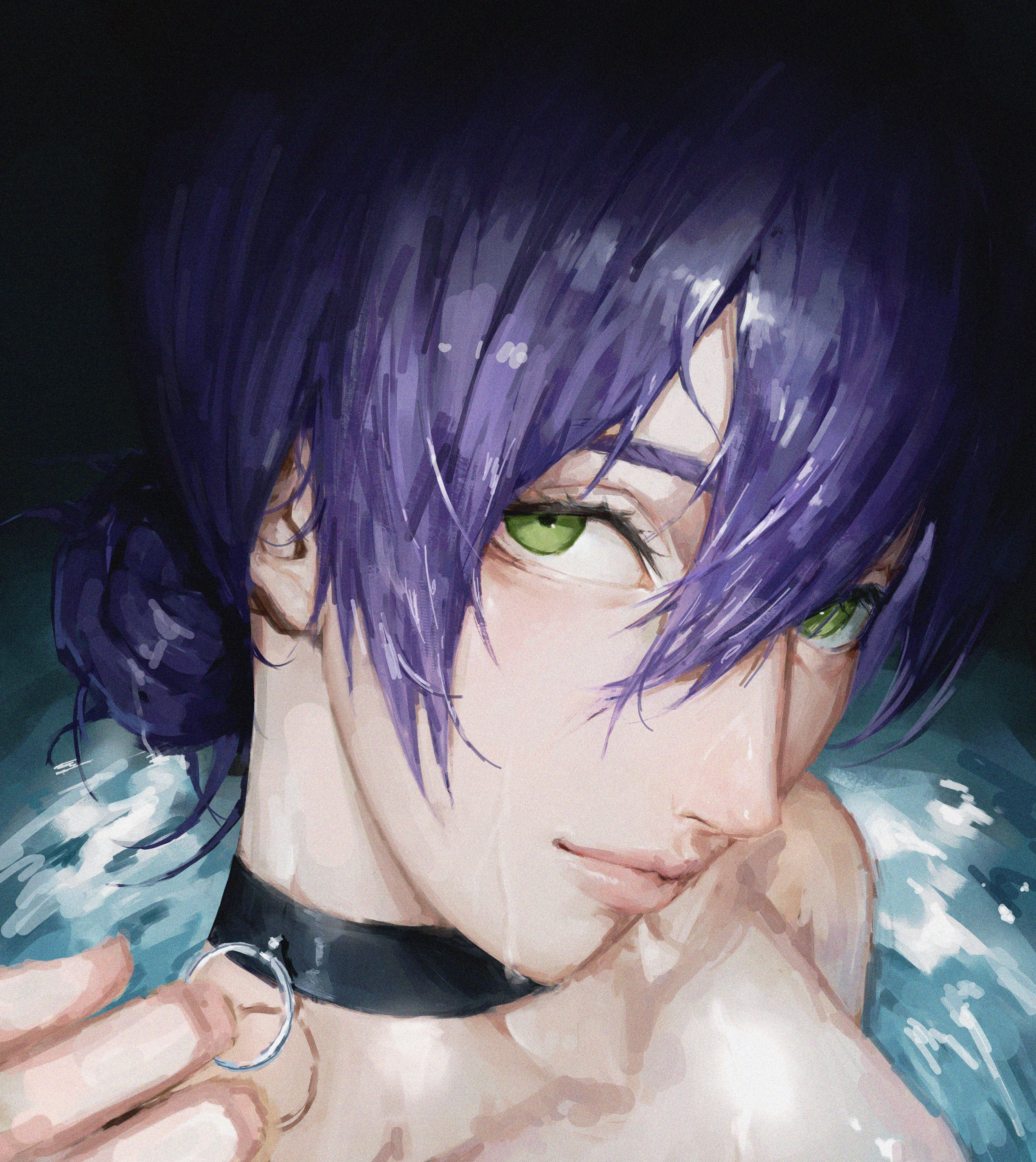niri (eunhaha02), reze (chainsaw man), chainsaw man, absurdres, highres, 1girl, black choker, blue hair, choker, close-up, closed mouth, green eyes, grenade pin, hair between eyes, hair bun, looking at viewer, partially submerged, solo, water