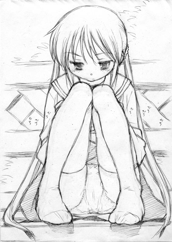 bolze, sanzen'in nagi, hayate no gotoku!, 00s, 1girl, feet, female focus, greyscale, monochrome, panties, sketch, solo, thigh gap, thighhighs, thighs, twintails, underwear