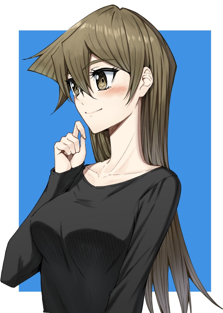 rourou ill, tenjouin asuka, yu-gi-oh!, yu-gi-oh! gx, commentary request, 1girl, black shirt, blonde hair, blue background, blush, breasts, brown eyes, closed mouth, collarbone, hair between eyes, large breasts, long hair, long sleeves, shirt, simple background, smile, solo, standing, straight hair