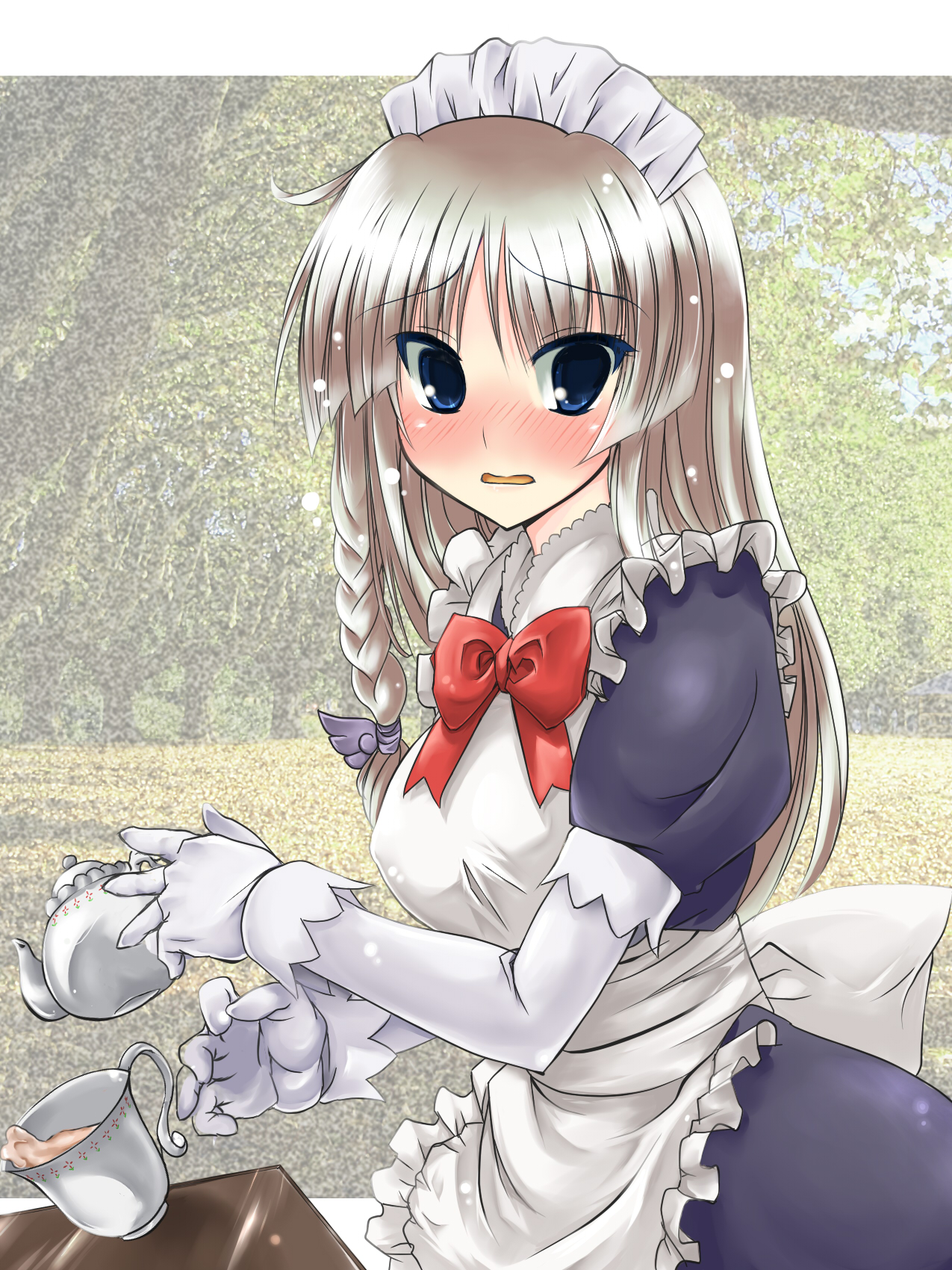 paopao, original, bad id, bad pixiv id, highres, blue eyes, blush, braid, cup, gloves, maid, side braid, solo