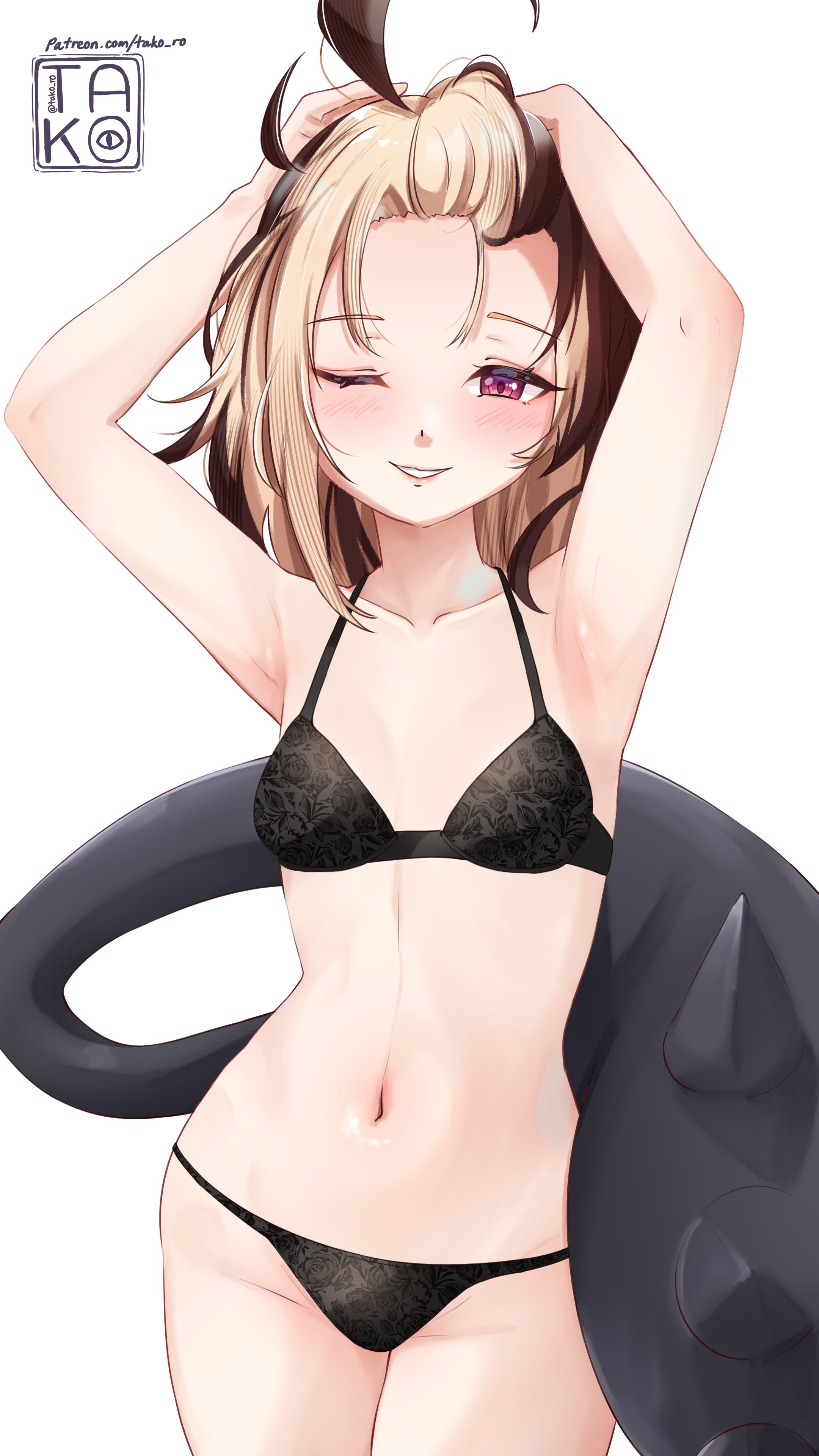 takoroki, gigi murin, hololive, hololive english, absurdres, highres, 1girl, ahoge, alternate costume, armpits, arms up, artist name, black bra, black panties, blonde hair, bra, breasts, brown hair, looking at viewer, multicolored hair, navel, one eye closed, panties, pink eyes, simple background, small breasts, solo, tail, two-tone hair, underwear, virtual youtuber, watermark, web address, white background