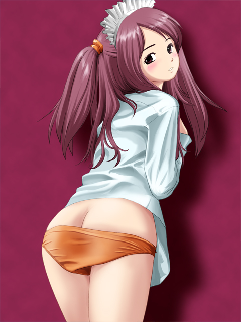 ponnetsu, ass, blouse, blush, from behind, looking back, orange panties, panties, panty pull, red background, red hair, shirt, short twintails, simple background, twintails, underwear, undressing, waitress, white shirt