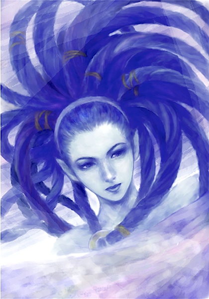fm77 (artist), shiva (final fantasy), final fantasy, final fantasy x, 00s, 1girl, blue hair, blue skin, colored skin, female focus, pointy ears, solo