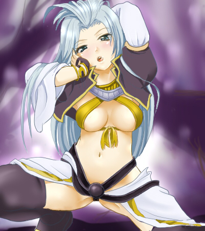 okurapuchi, kuja, final fantasy, final fantasy ix, silver hair, gender request, lowres, 00s, 1girl, blush, breasts, female focus, genderswap, genderswap (mtf), green eyes, large breasts, open clothes, open shirt, shirt, solo, thighhighs