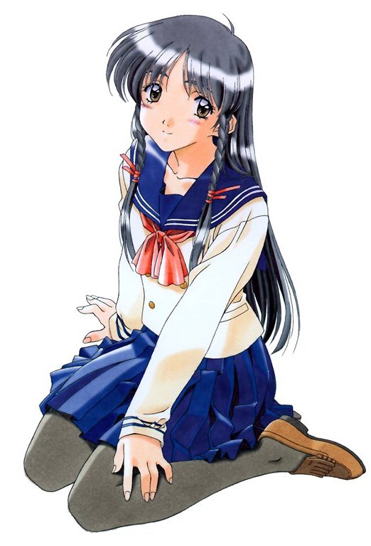 kai tomohisa, sugihara manami, sentimental graffiti, 1990s (style), 1girl, black hair, blush, braid, brown eyes, female focus, hair ribbon, pantyhose, retro artstyle, ribbon, school uniform, serafuku, solo, twin braids, winter uniform