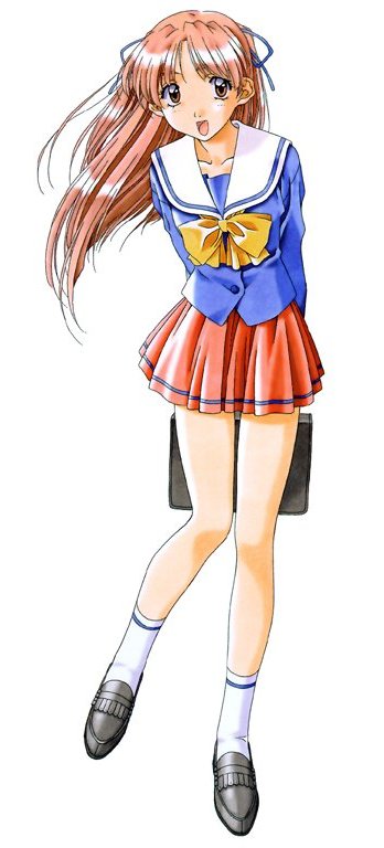 kai tomohisa, sentimental graffiti, 1990s (style), 1girl, brown hair, female focus, legs, long hair, pink hair, retro artstyle, school uniform, serafuku, simple background, skirt, socks, solo, white background