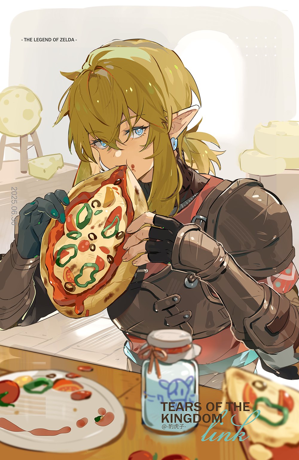 leopardtiger, link, nintendo, the legend of zelda, the legend of zelda: tears of the kingdom, commentary, commentary request, highres, 1boy, black gloves, blonde hair, blue eyes, bottle, cheese, copyright name, earrings, english text, fingerless gloves, food, food in mouth, food on face, gloves, hair between eyes, holding, holding food, holding pizza, hylian set (zelda), jewelry, long hair, looking at viewer, male focus, milk bottle, pizza, pizza slice, pointy ears, ponytail, red ribbon, ribbon, scar, sidelocks, simple background, solo, tomato, wooden floor
