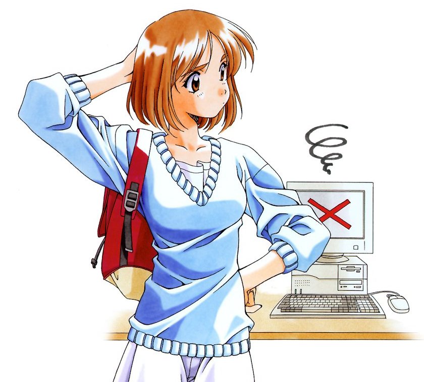 kai tomohisa, yamamoto rurika, sentimental graffiti, 1990s (style), 1girl, backpack, bag, brown eyes, brown hair, casual, computer, computer keyboard, female focus, randoseru, retro artstyle, short hair, solo