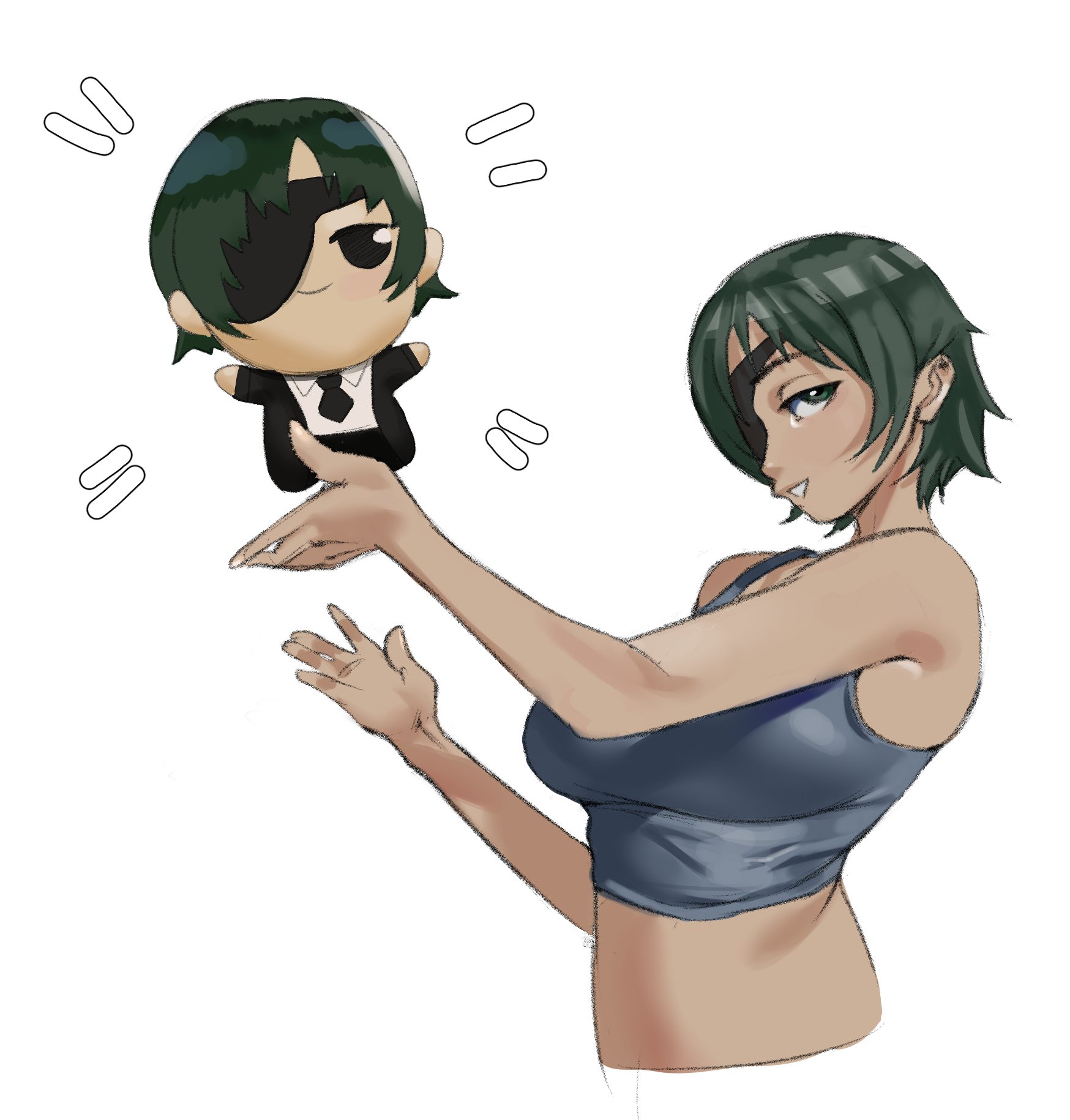 himeno (chainsaw man), chainsaw man, highres, tagme, 1girl, breasts, certifiedham, character doll, chibi, doll, eyepatch, green eyes, green hair, holding, holding stuffed toy, large breasts, looking at viewer, navel, short hair, stuffed toy, tank top