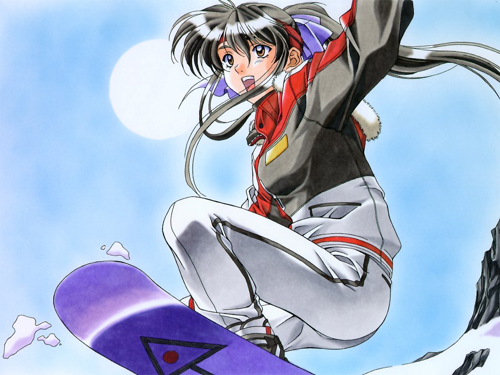 kai tomohisa, matsuoka chie, sentimental graffiti, 1990s (style), 1girl, black hair, brown eyes, female focus, jacket, long hair, ponytail, retro artstyle, snow, snowboard, solo