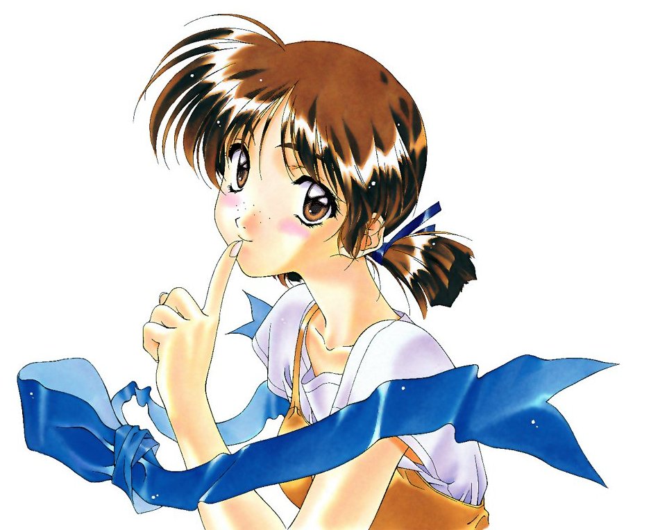 kai tomohisa, adachi taeko, sentimental graffiti, 1990s (style), 1girl, blush, brown hair, female focus, freckles, hair ribbon, retro artstyle, ribbon, solo