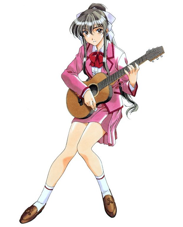 kai tomohisa, matsuoka chie, sentimental graffiti, 1990s (style), 1girl, acoustic guitar, black hair, blazer, bow, female focus, guitar, instrument, jacket, long hair, plectrum, ponytail, retro artstyle, school uniform, skirt, socks, solo