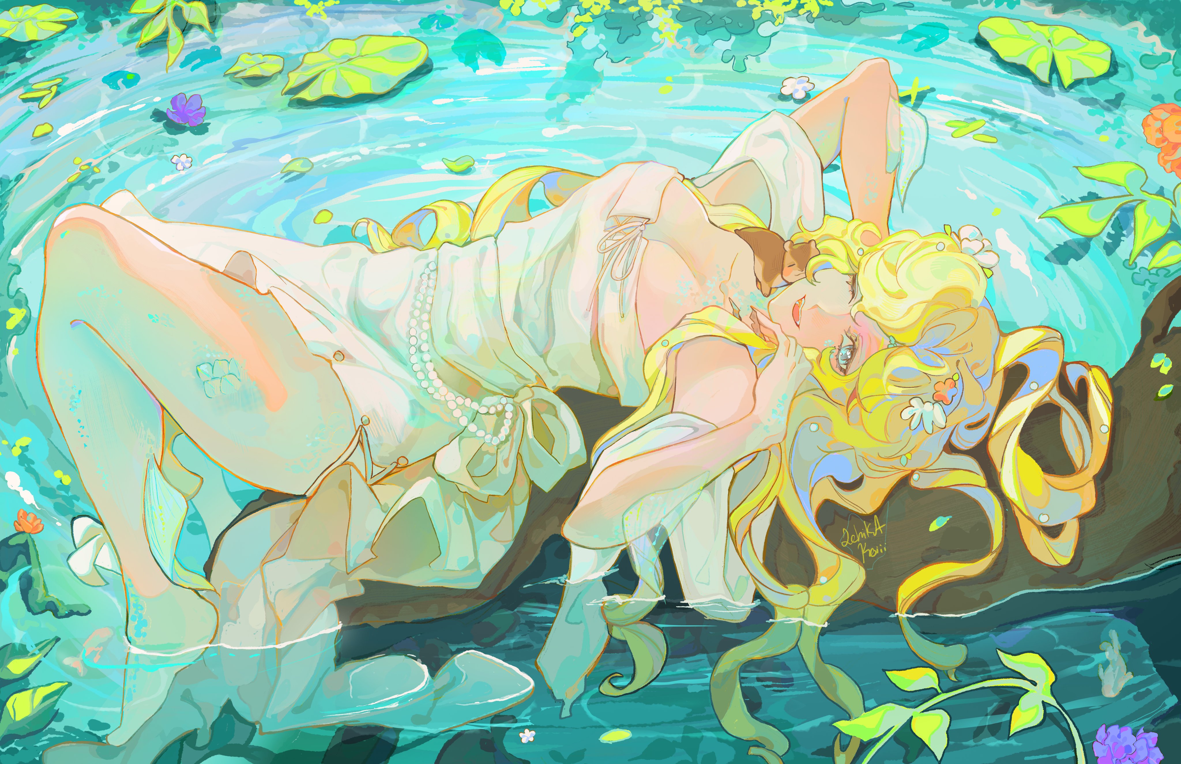 vila (reverse:1999), reverse:1999, absurdres, highres, 1girl, ;d, animal, animal on shoulder, bare legs, bare shoulders, barefoot, blonde hair, blue eyes, breasts, cleavage, dress, flower, full body, hair flower, hair ornament, hands up, koiii (ichikakoiii), large breasts, lily pad, long dress, long hair, looking at viewer, lying, on back, on branch, one eye closed, open mouth, prairie dog, scales, side slit, smile, soaking feet, solo, very long hair, water, white dress, white flower