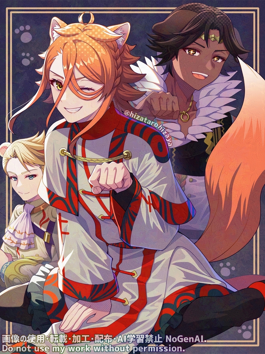 hizatarohizaya, bunet (fire emblem), fogado (fire emblem), pandreo (fire emblem), fire emblem, fire emblem engage, fire emblem shadows, nintendo, highres, 3boys, blonde hair, blue eyes, brown hair, dark-skinned male, dark skin, dog boy, fox boy, multiple boys, orange hair, third eye, yellow eyes