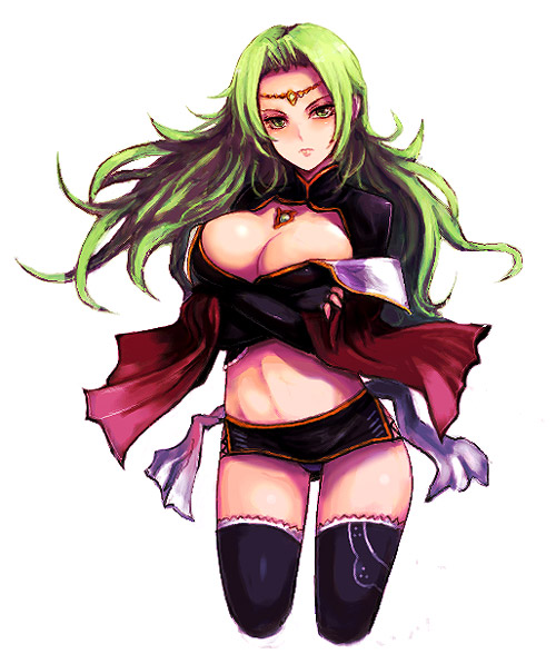 kara (color), ageha (espgaluda), cave (developer), espgaluda, espgaluda ii, 1girl, breasts, circlet, cleavage, cowboy shot, cropped legs, female focus, green eyes, green hair, large breasts, long hair, matching hair/eyes, midriff, navel, solo, thighhighs