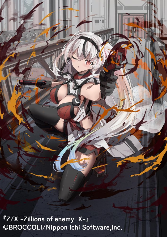 momiji oroshi, z/x, official art, 1girl, aiming, aiming at viewer, aqua hair, black gloves, black hair, black hairband, black thighhighs, blonde hair, blue hair, breasts, cleavage, cloak, copyright notice, fire, gloves, gradient hair, gun, hair ornament, hairband, holding, holding gun, holding weapon, large breasts, long hair, looking at viewer, multicolored hair, on one knee, one eye closed, red eyes, red hair, red shirt, shirt, side ponytail, solo, sui (z/x), thighhighs, weapon, white hair