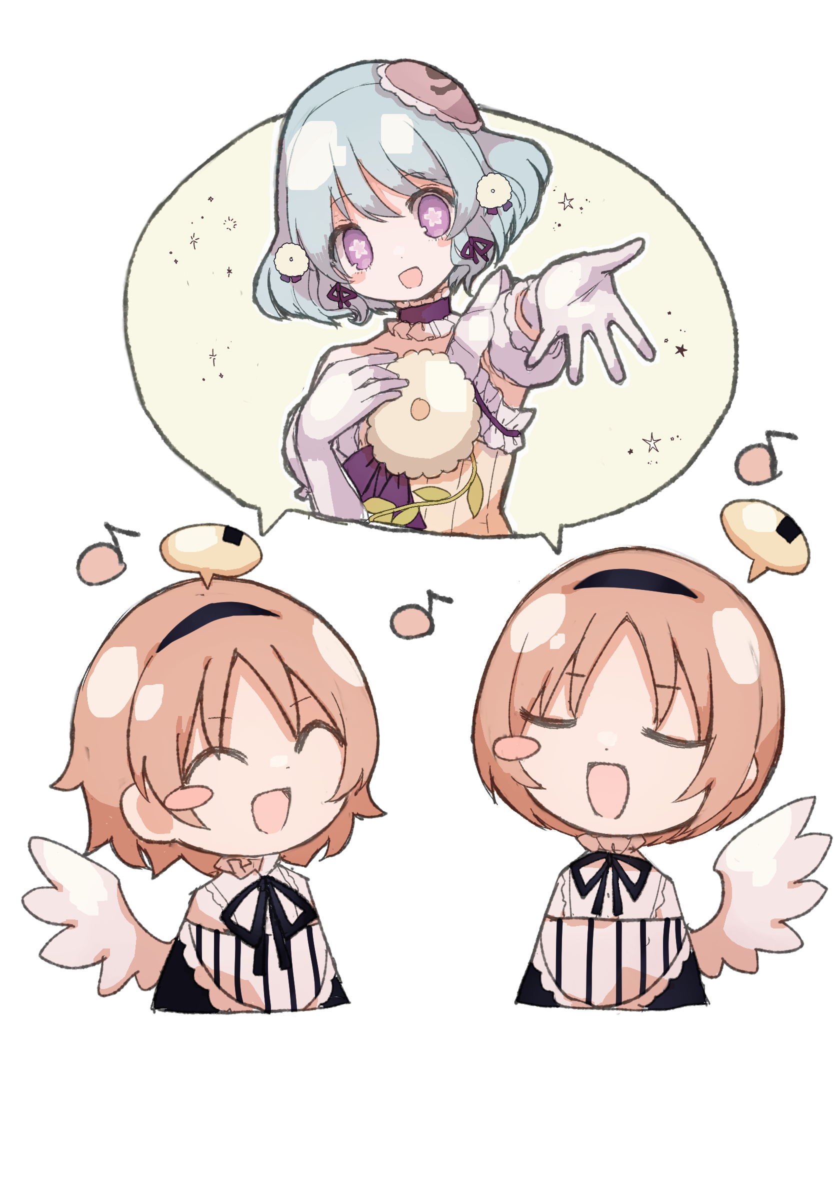 butter run, magical daisy, minael, yunael, mahou shoujo ikusei keikaku, mahou shoujo ikusei keikaku restart, highres, 3girls, aqua hair, closed eyes, flower in eye, gloves, magical girl, multiple girls, orange hair, purple eyes, short hair, single wing, smile, symbol in eye, white gloves, wings