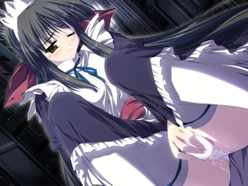 jissouji fuyuha, moekan, 1girl, black hair, blush, book, dress, female focus, female masturbation, library, long hair, maid, masturbation, masturbation through clothes, one eye closed, panties, pussy juice, ribbon, solo, thighhighs, underwear, wet, wet clothes, wet panties, white thighhighs, wink