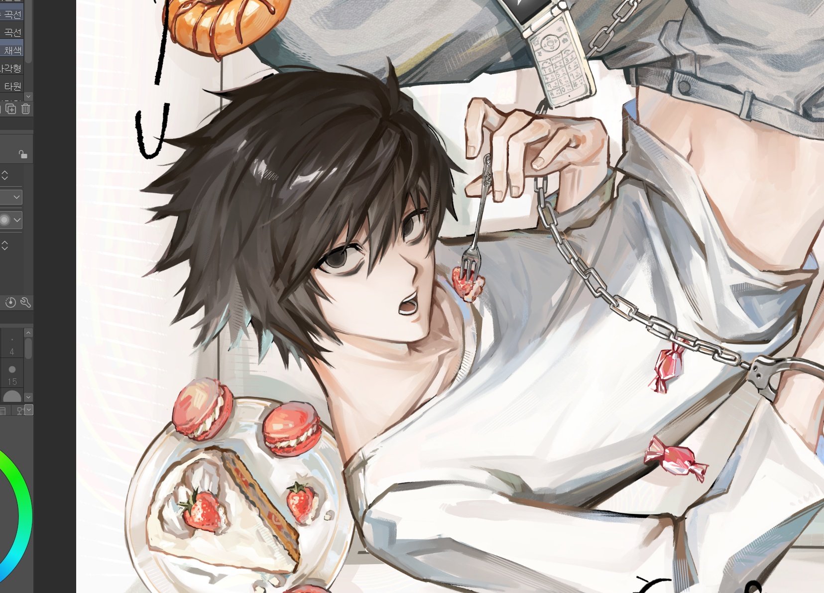l (death note), death note, commentary request, highres, korean commentary, 1boy, black hair, cake, cake slice, candy, cellphone, chain, donut, flip phone, food, fork, fruit, gamppan9, grey pants, holding, holding fork, macaron, male focus, midriff, navel, open mouth, pants, phone, shirt, short hair, solo, strawberry, white shirt