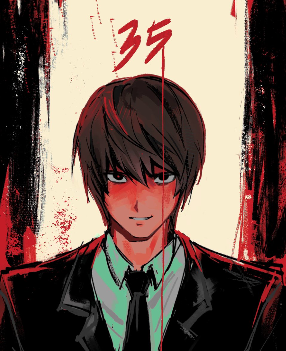 yagami light, death note, commentary request, korean commentary, 1boy, black eyes, black jacket, black necktie, brown hair, collared shirt, gamppan9, jacket, male focus, necktie, red pupils, shirt, short hair, smile, solo, suit jacket, very short hair, white shirt