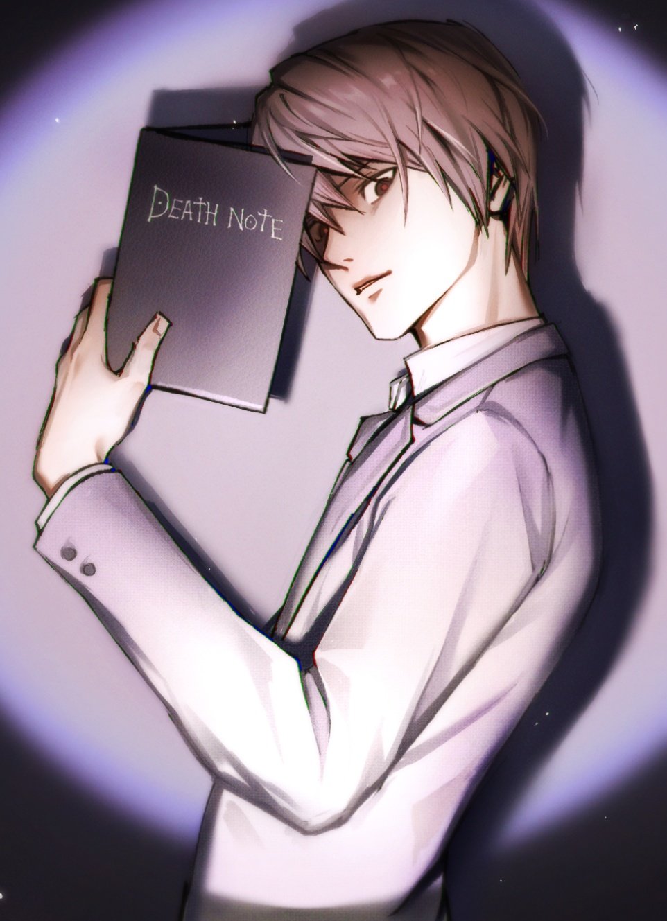 yagami light, death note, commentary, hashtag-only commentary, highres, 1boy, black eyes, brown hair, collared shirt, death note (object), from side, gamppan9, grey jacket, holding, holding notebook, jacket, looking at viewer, notebook, red pupils, shirt, short hair, solo, spotlight, suit jacket, very short hair, white shirt