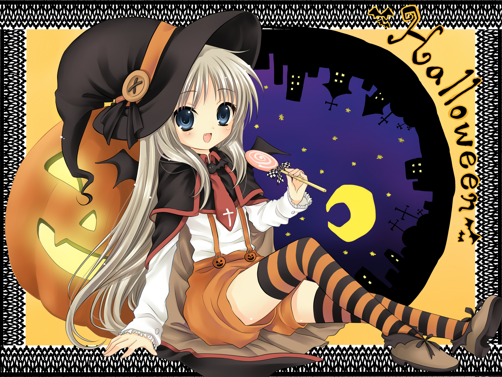 hanabana tsubomi, noumi kudryavka, little busters!, highres, bat wings, blue eyes, buttons, candy, cape, fang, food, halloween, hat, large buttons, lollipop, long hair, solo, striped clothes, striped thighhighs, swirl lollipop, thighhighs, white hair, wings, witch hat